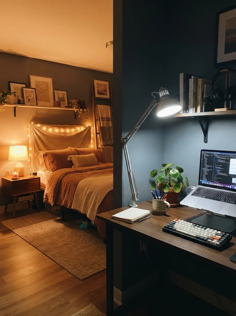  A studio apartment workspace corner lit in cool 4000K white light, sharply contrasting with a warm amber sleep zone visible in the background, evening ambiance, vertical Pinterest photography, warm-cool zoned contrast.