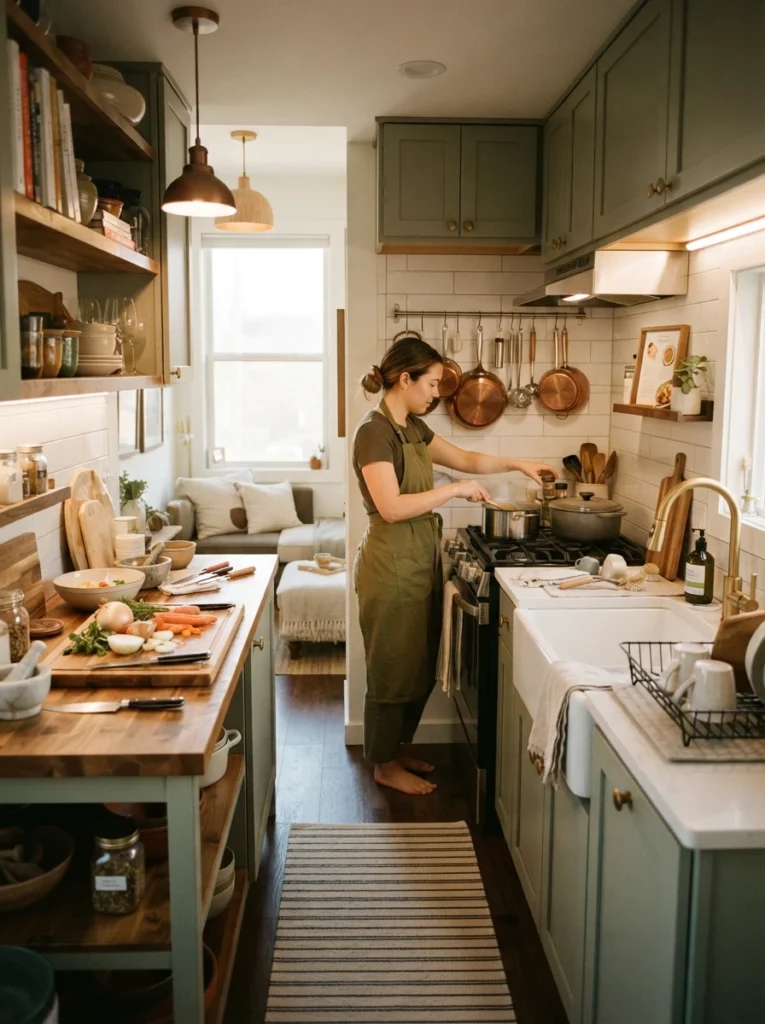 ![A studio kitchen with clearly defined prep, cooking, and cleanup zones despite the compact footprint, warm kitchen lighting, vertical Pinterest photography, warm zoned styling.]