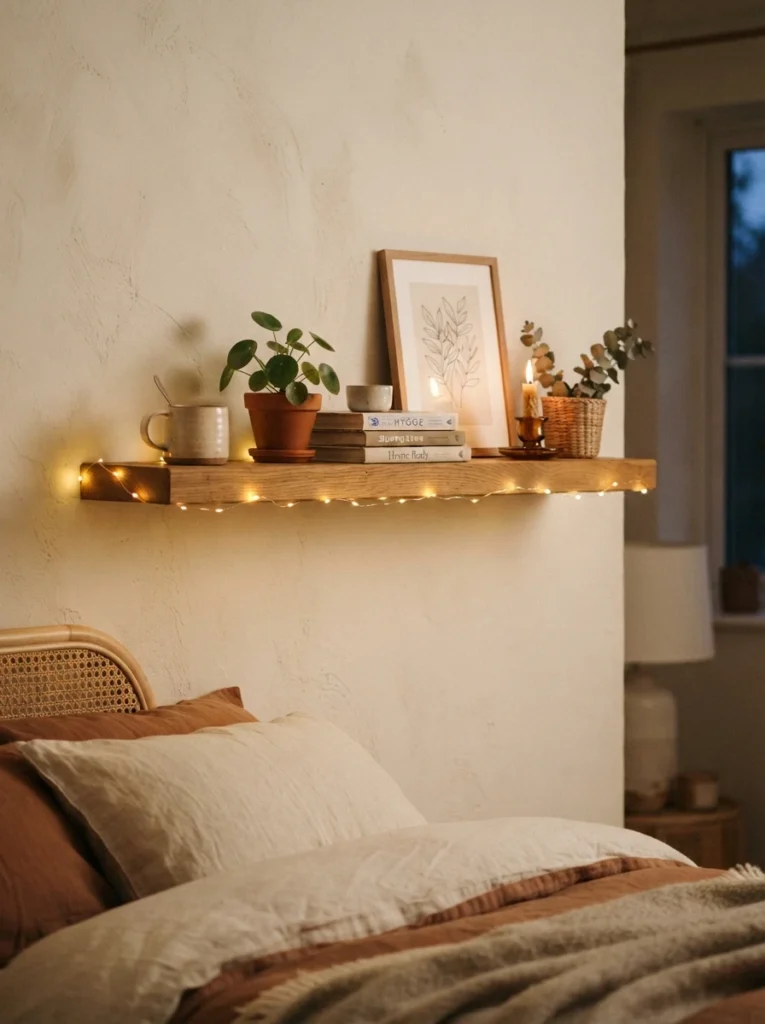 A styled bedroom shelf with warm fairy lights running neatly along its front edge, small decor items displayed above, cozy evening glow, vertical Pinterest photography, warm minimalist styling.