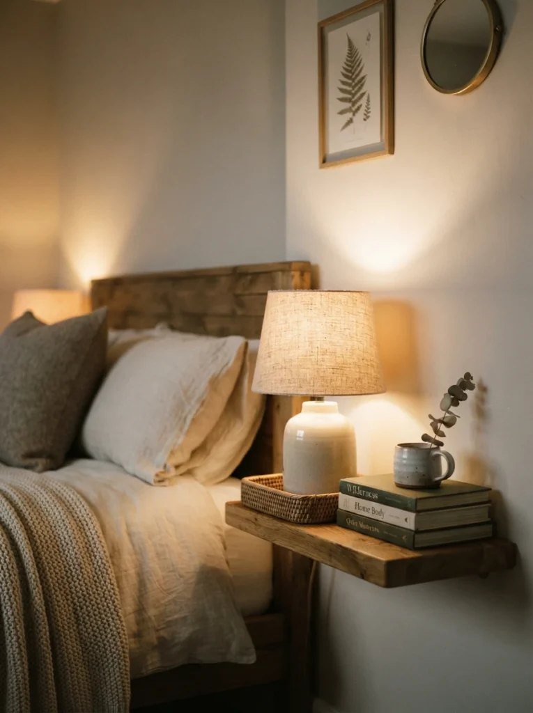 A warm table lamp positioned close against a bedroom wall, light bouncing softly off the surface, cozy neutral styling nearby, evening ambiance, vertical Pinterest photography, warm reflected glow.