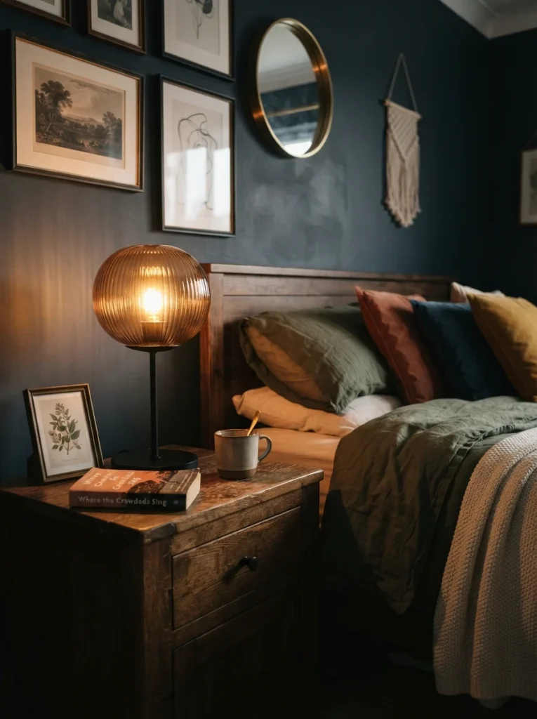 A table lamp with a smoked amber glass globe shade glowing warmly on a dark wooden nightstand, deep moody bedroom walls, cozy textured bedding, evening ambiance, vertical Pinterest photography, warm filtered light detail.
