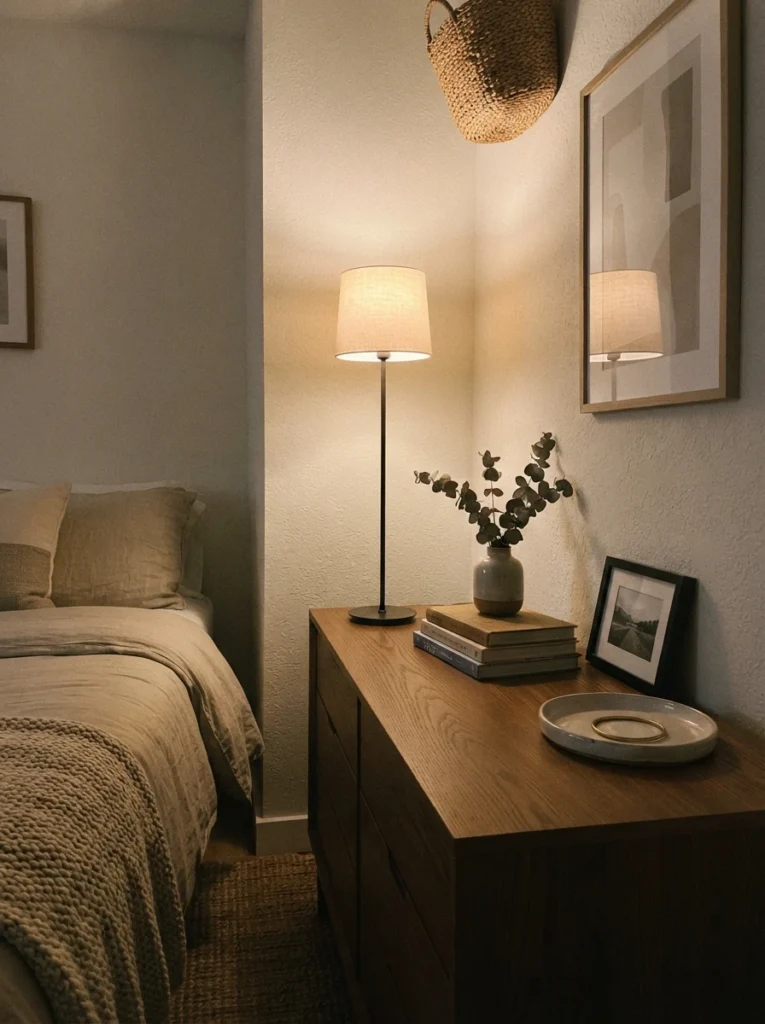 A tall spindly table lamp with a small shade on a bedroom dresser, warm light drawing the eye upward, cozy minimalist styling, evening ambiance, vertical Pinterest photography, warm vertical emphasis.