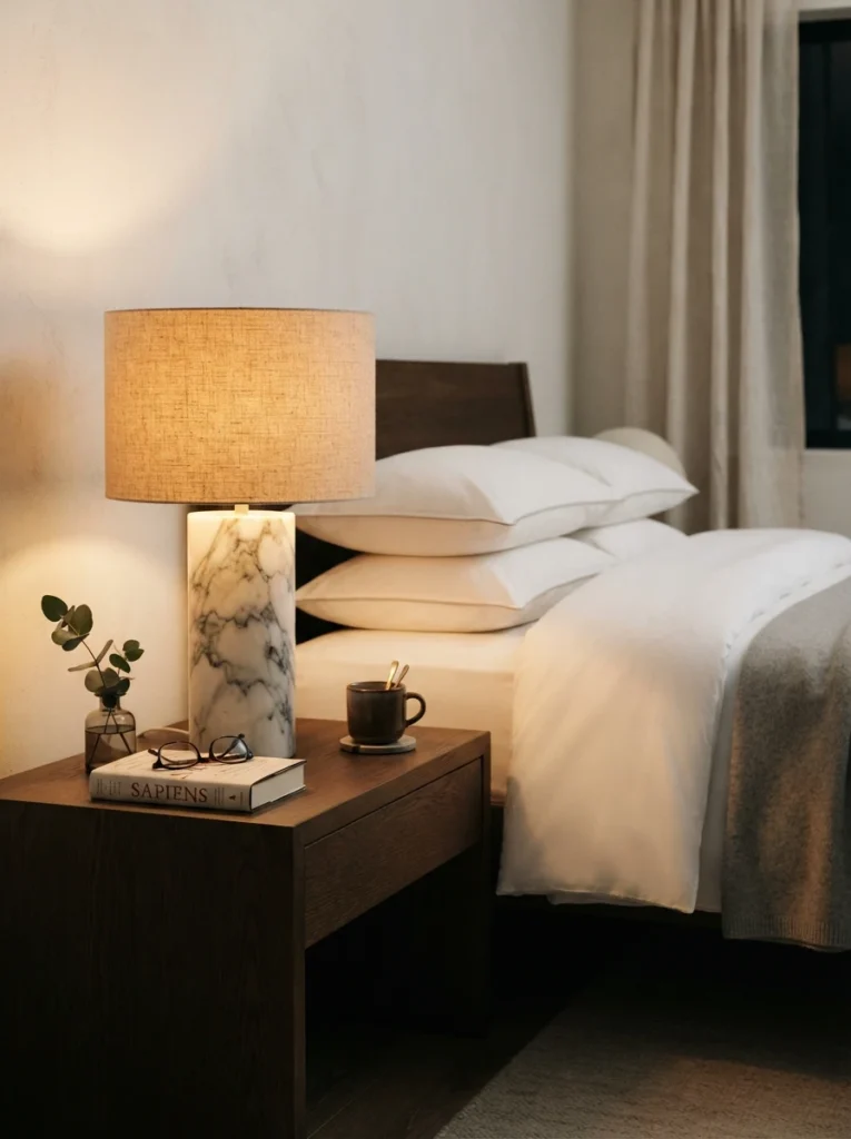  A heavy marble-based table lamp with a warm linen shade sitting on a nightstand, soft golden glow, crisp hotel-style bedding, minimalist luxurious styling, evening ambiance, vertical Pinterest photography, warm editorial tones.