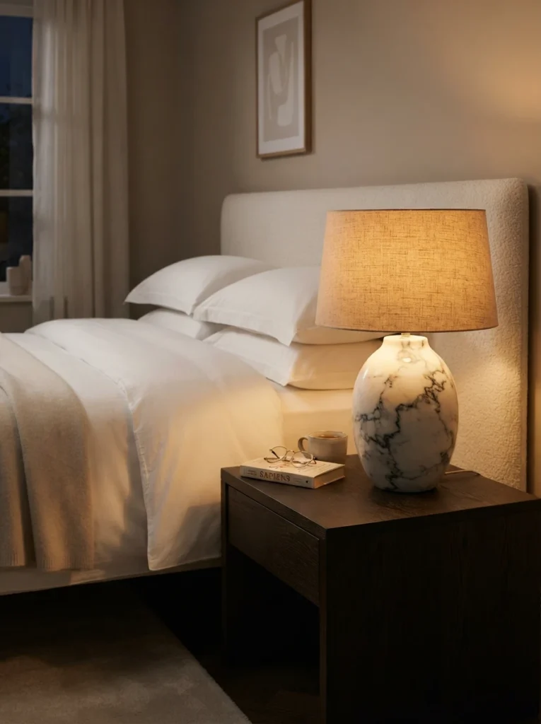 A heavy marble-based table lamp with a warm linen shade sitting on a nightstand, soft golden glow, crisp hotel-style bedding, minimalist luxurious styling, evening ambiance, vertical Pinterest photography, warm editorial tones.