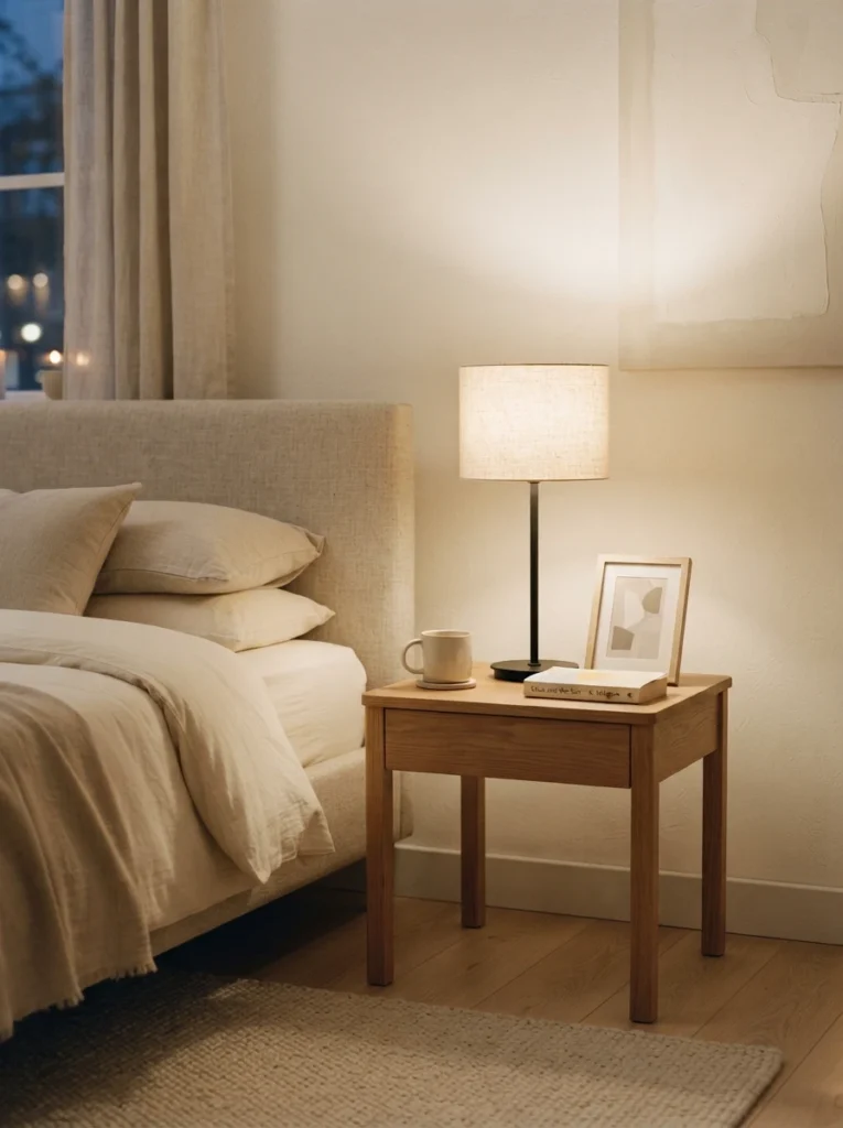  A slim minimalist table lamp with a narrow base and light shade on a small nightstand, warm soft glow, clean open sightlines, cozy neutral bedroom, evening ambiance, vertical Pinterest photography, warm minimalist styling.