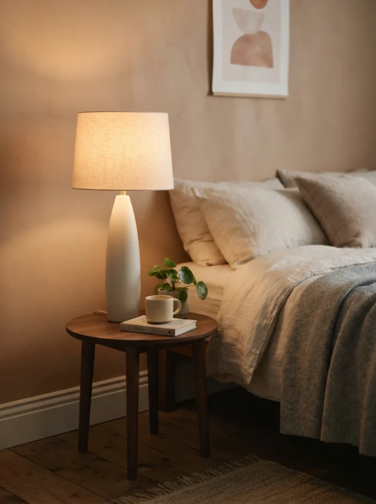 A slim table lamp with a tall narrow elongated base on a small nightstand, warm soft glow, minimal footprint leaving room for essentials, cozy evening ambiance, vertical Pinterest photography, warm minimalist styling.