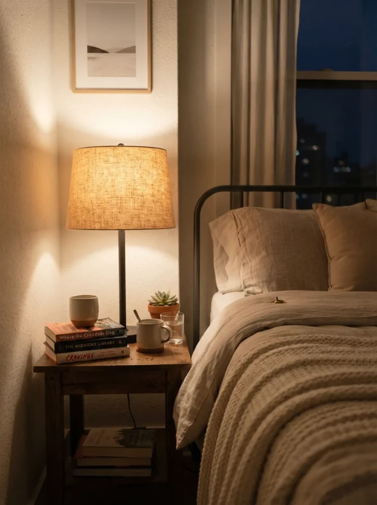 A table lamp with a richly textured linen shade glowing warmly on a small apartment nightstand, cozy neutral bedding nearby, evening ambiance, vertical Pinterest photography, warm elevated styling.