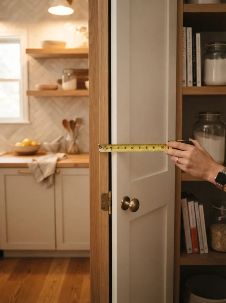 A tape measure checking the clearance gap on a pantry door, warm kitchen lighting, vertical Pinterest photography, warm preparation styling