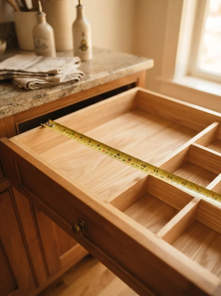 A tape measure laid across an empty kitchen utensil drawer, warm kitchen lighting, vertical Pinterest photography, warm preparation styling.