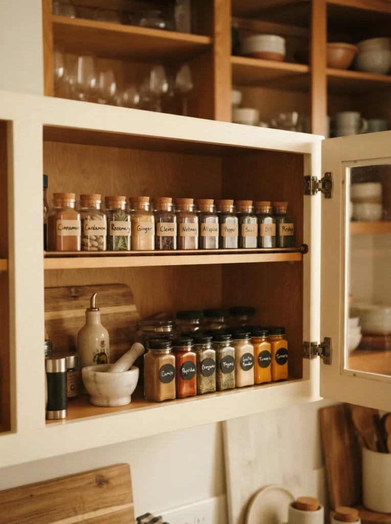 A tension rod installed at the back of a cabinet, creating a bonus shelf for small spice jars, warm kitchen lighting, vertical Pinterest photography, warm bonus-shelf styling