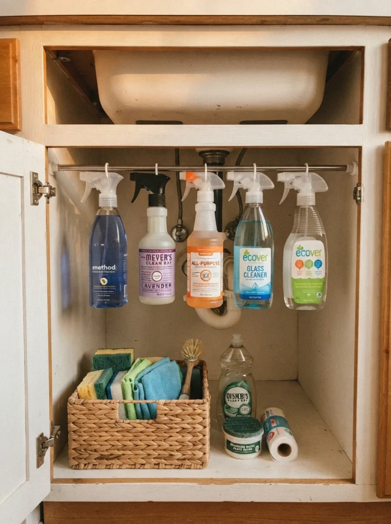 A tension rod installed inside an under-sink cabinet, spray bottles hanging by their triggers, warm kitchen lighting, vertical Pinterest photography, warm quick-install styling.