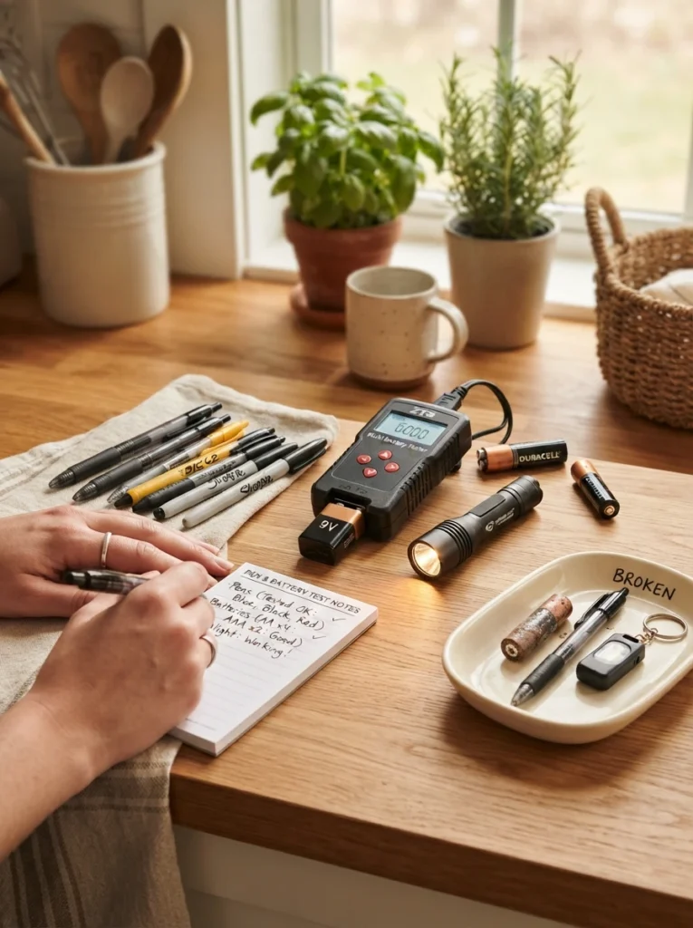 Pens, batteries, and a small flashlight being tested on a kitchen counter, some items set aside as broken, warm kitchen lighting, vertical Pinterest photography, warm testing styling.