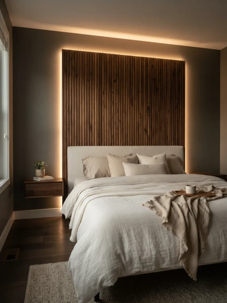 A matte black swing-arm wall sconce mounted directly above a mattress with no nightstand or lamp nearby, warm focused reading light, minimalist bedroom, evening ambiance, vertical Pinterest photography, warm space-free styling.
