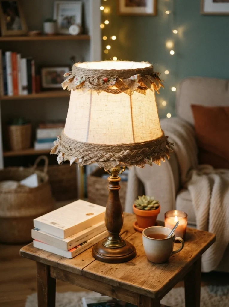 A thrifted lampshade transformed with hot-glued fabric and twine trim, warm glow on a small apartment table, cozy DIY styling, evening ambiance, vertical Pinterest photography, warm budget-friendly detail.