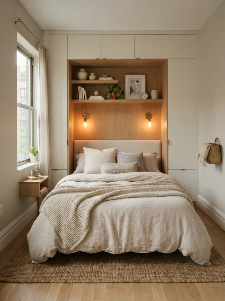 Tiny bedroom with integrated headboard storage wall, floating shelves, warm wall sconces, soft layered bedding, realistic apartment proportions, cozy calming atmosphere, neutral textures, ultra realistic Pinterest interior design photography