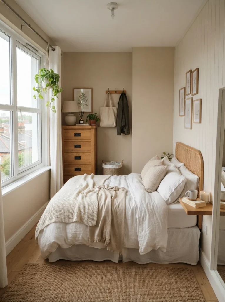 Tiny apartment bedroom with tall narrow dresser in warm oak finish, compact cozy layout, soft white bedding, natural morning light, realistic small-space organization, vertical styling elements, calming neutral palette, ultra realistic Pinterest home decor photography