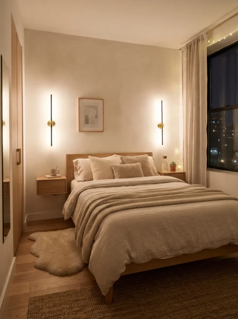 Tiny modern bedroom with slim wall sconces beside bed, soft layered neutral bedding, warm ambient lighting, realistic small apartment layout, cozy minimalist atmosphere, Pinterest-worthy ultra realistic interior photography