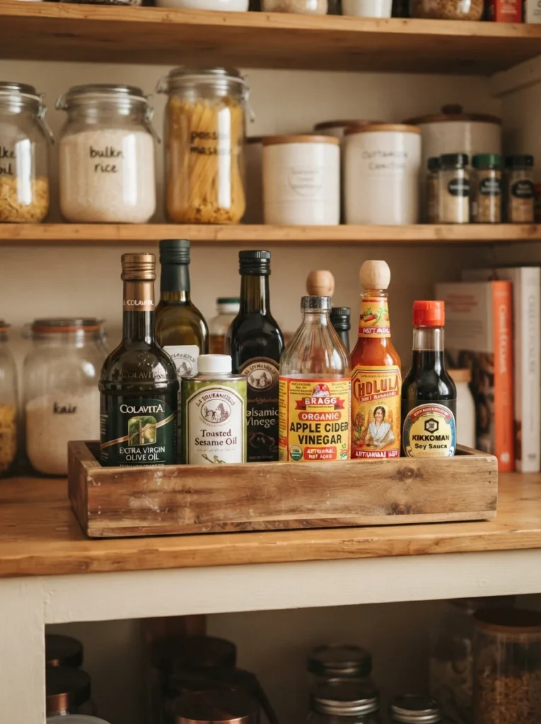 A simple tray on a pantry shelf, grouping oils and sauces together, warm kitchen lighting, vertical Pinterest photography, warm tray-grouped styling.