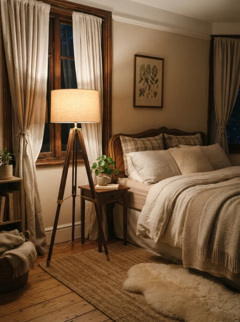 A wooden tripod floor lamp tucked into a spacious corner of a bedroom, warm glowing shade, cozy neutral bedding nearby, evening ambiance, vertical Pinterest photography, warm classic styling.