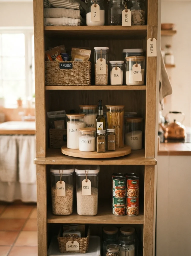 A single new organizing product, like a turntable, added as the final purchase in a budget pantry makeover, warm kitchen lighting, vertical Pinterest photography, warm intentional-spend styling.