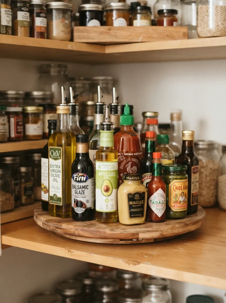 A turntable on a deep pantry shelf holding bottles of oil and condiments, spun to bring items into view, warm kitchen lighting, vertical Pinterest photography, warm rotating styling.