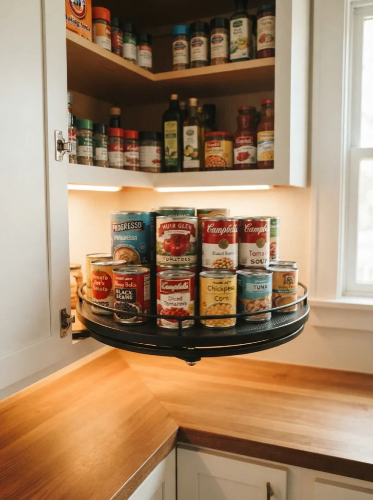 A heavy-duty turntable in a corner cabinet, canned goods arranged and spun into view, warm kitchen lighting, vertical Pinterest photography, warm rotating styling.