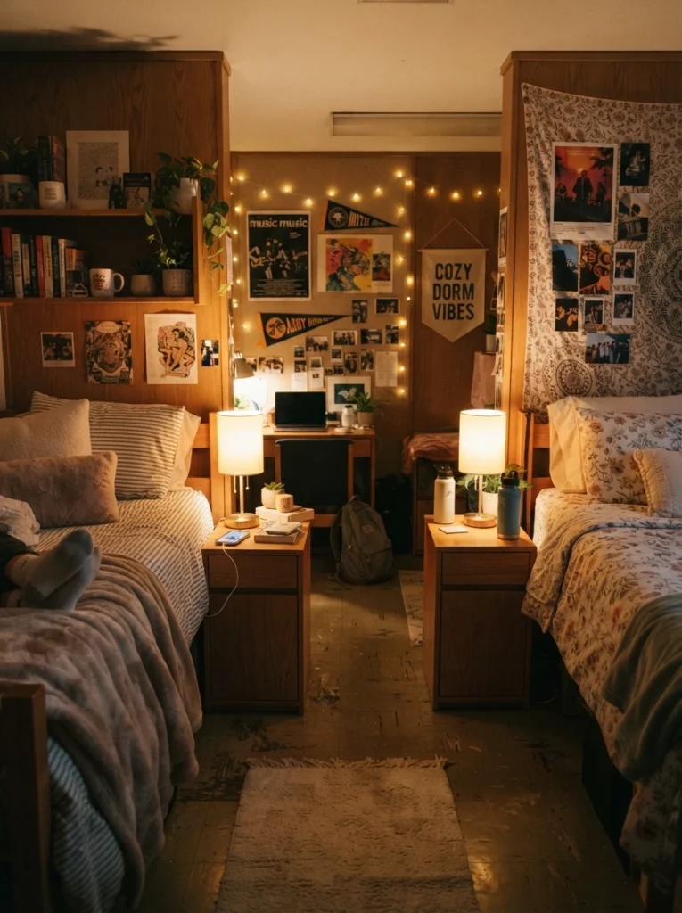 Two matching rechargeable touch lamps glowing warmly, one on each side of a shared dorm room, cozy compact styling, evening ambiance, vertical Pinterest photography, warm shared-space tones.