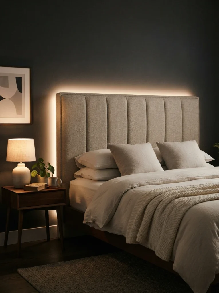 A modern upholstered headboard with a soft warm LED halo glowing around its edges, dim ambient bedroom lighting, crisp neutral bedding, dramatic but cozy contrast, evening atmosphere, vertical Pinterest photography, warm editorial interior styling.