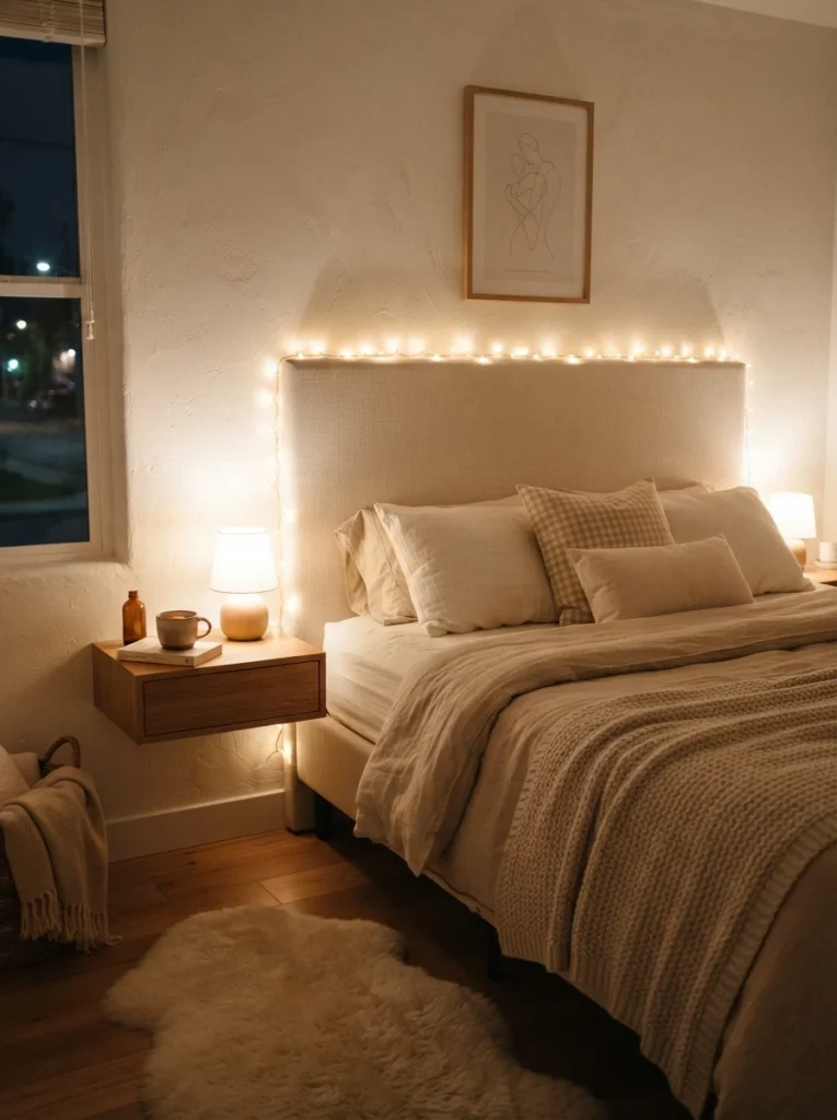 A flat upholstered headboard outlined neatly with warm fairy lights, soft glow tracing its shape, cozy neutral bedding, evening ambiance, vertical Pinterest photography, warm minimalist detail.