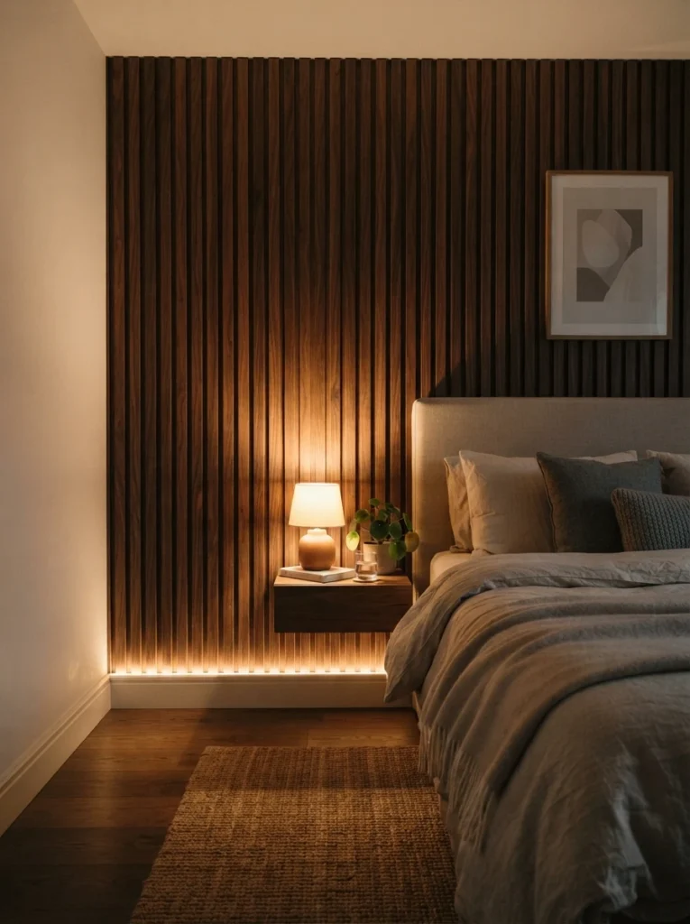 A textured paneled accent wall in a small bedroom lit from below with a soft uplight, warm light emphasizing vertical lines, cozy neutral bed nearby, evening ambiance, vertical Pinterest photography, warm architectural detail.