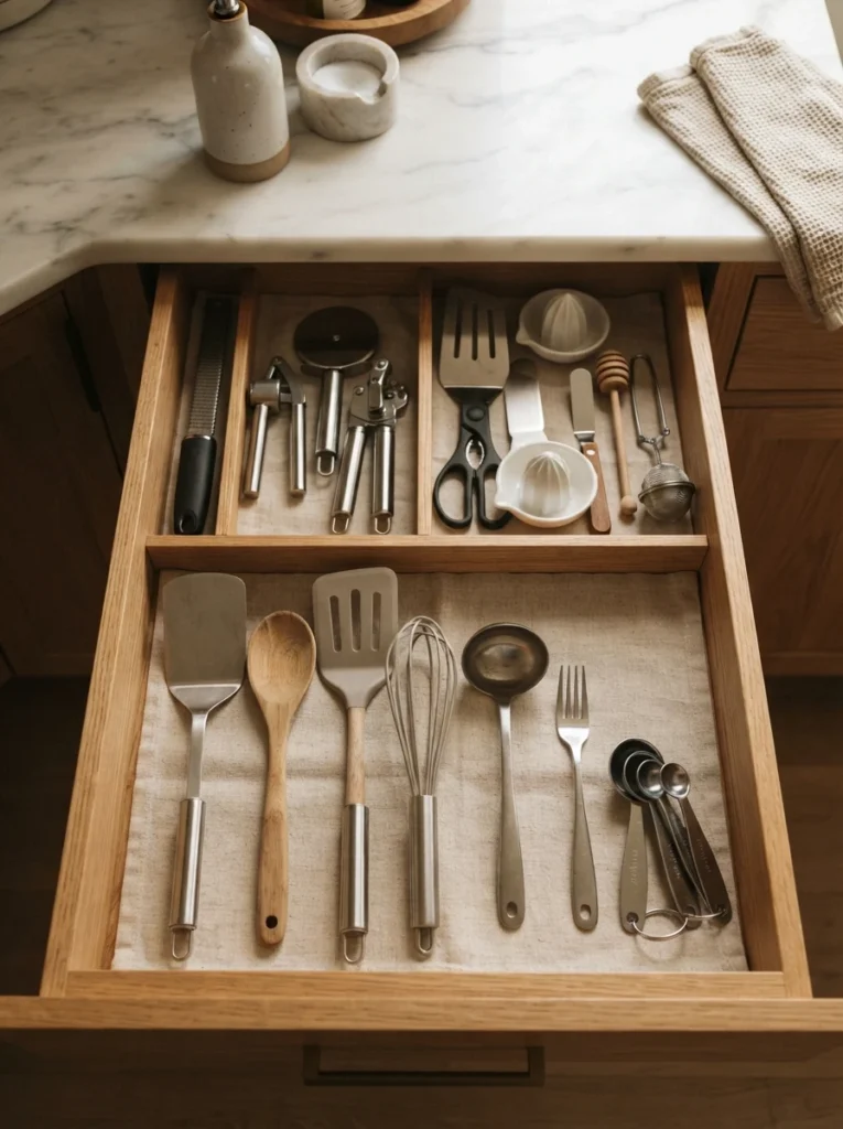 A utensil drawer with everyday tools grouped near the front and specialty tools grouped toward the back, warm kitchen lighting, vertical Pinterest photography, warm frequency-based styling.