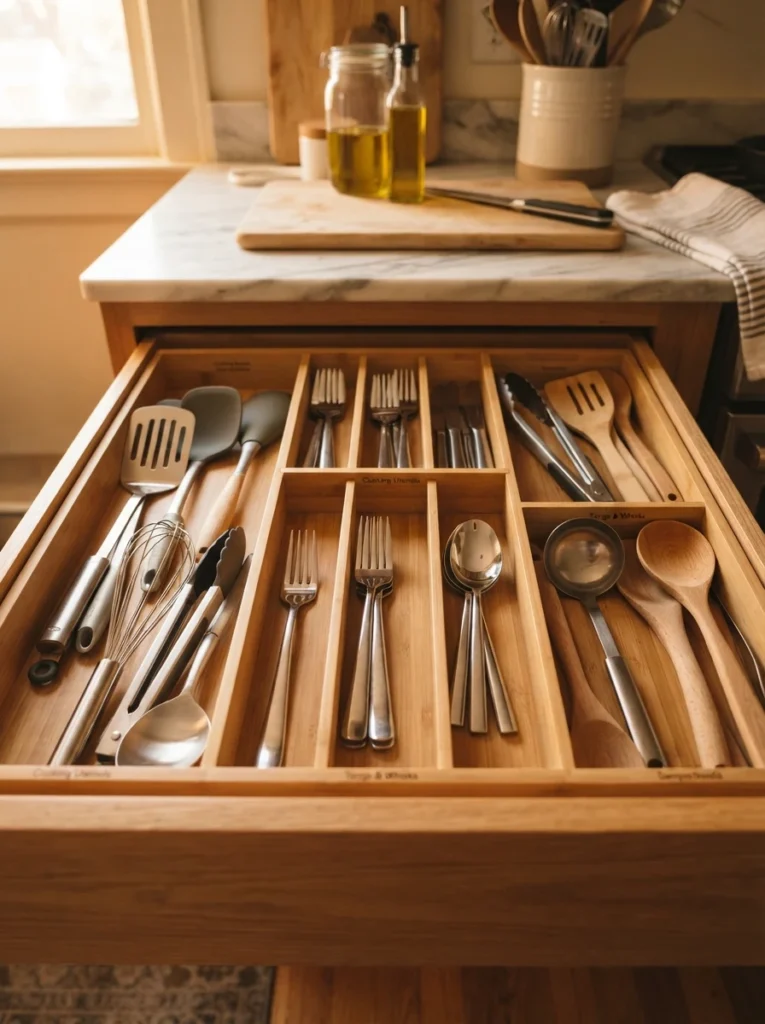 An expandable divided utensil tray adjusted to fit inside a kitchen drawer, holding spoons, spatulas, and tongs, warm kitchen lighting, vertical Pinterest photography, warm adaptable styling.