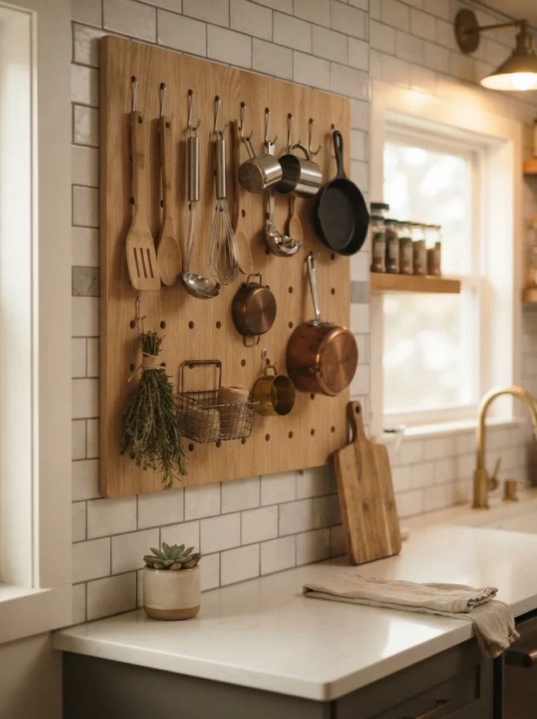 A pegboard mounted on a kitchen wall holding hanging utensils, small pots, and hooks, counter space clear below, warm kitchen lighting, vertical Pinterest photography, warm flexible styling.