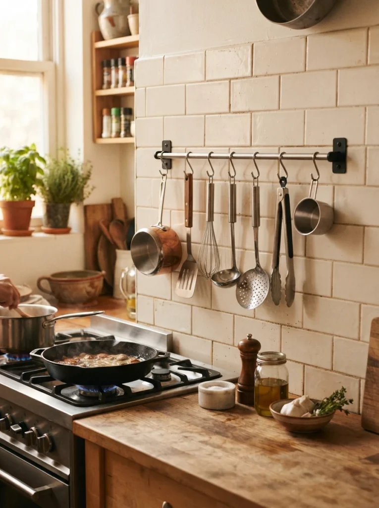 An adhesive-mounted horizontal rail on a kitchen wall near the stove, holding hanging utensils and a small pot, warm lighting, vertical Pinterest photography, warm rail-mounted styling.