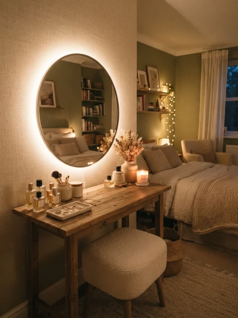 A vanity mirror with soft LED backlighting glowing around its edges in a small bedroom corner, added depth and warmth, cozy styling, evening ambiance, vertical Pinterest photography, warm dimensional detail.
