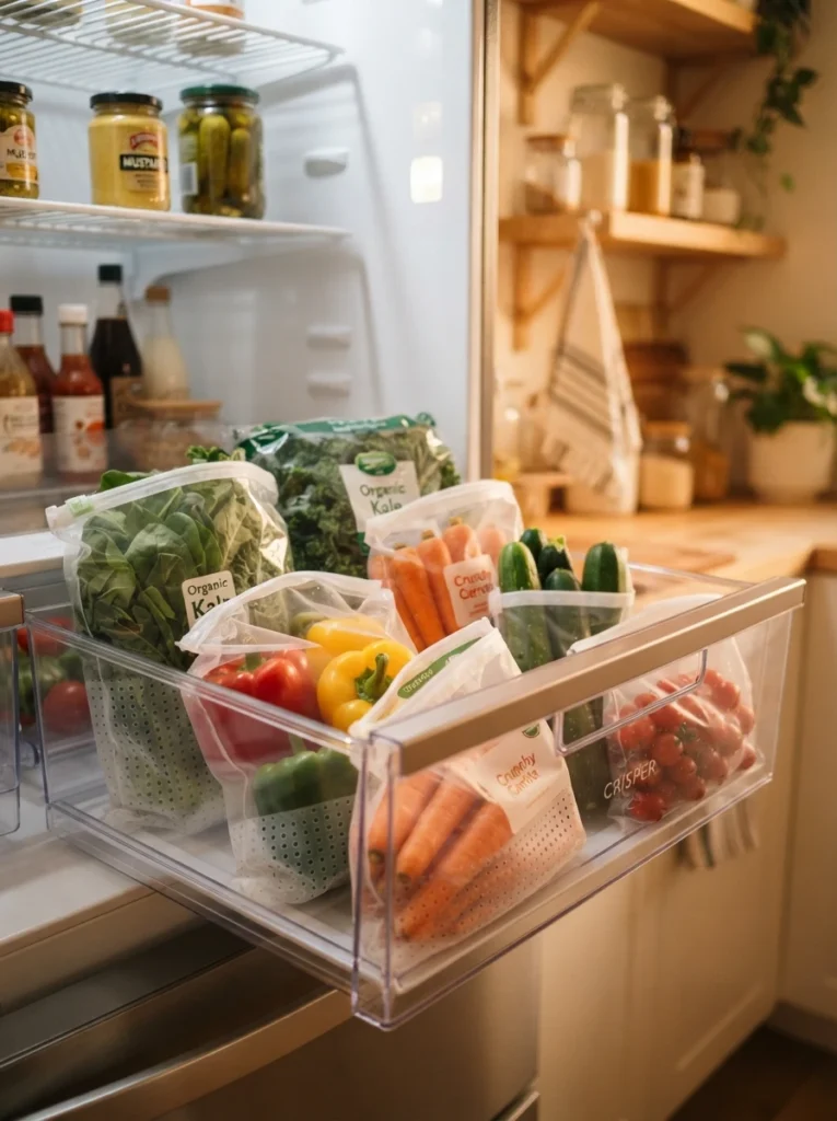 Fresh vegetables stored in perforated produce bags inside a refrigerator crisper drawer, warm kitchen lighting, vertical Pinterest photography, warm ventilated styling.
