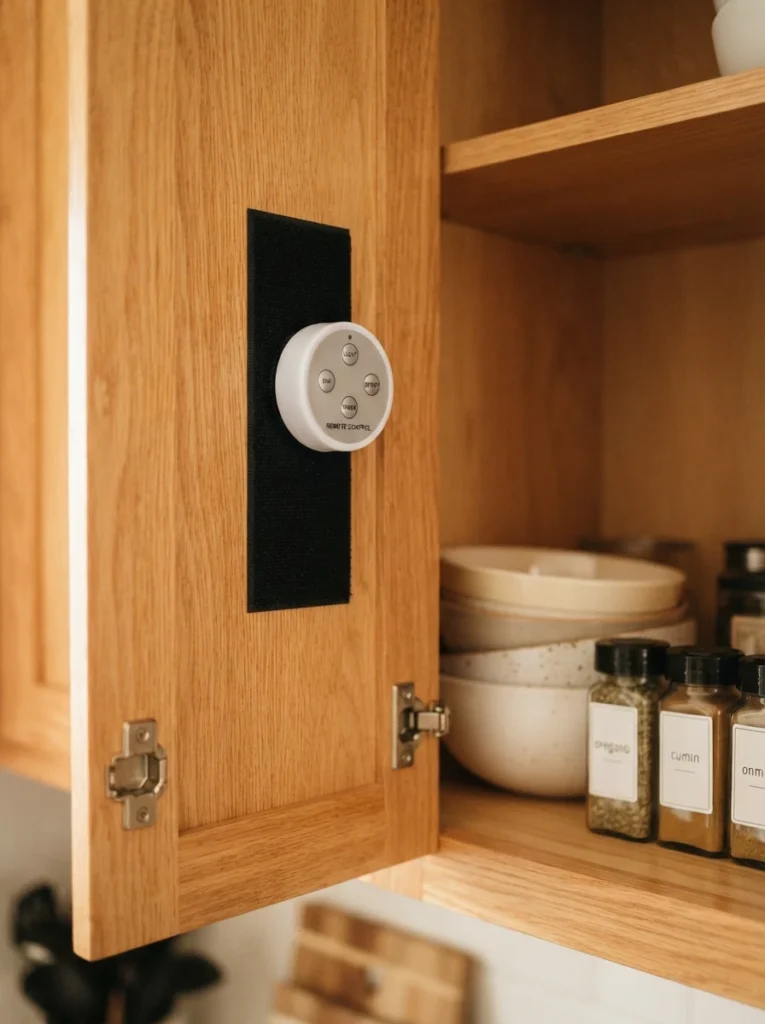 A removable Velcro strip holding a small light item to the inside of a cabinet, warm kitchen lighting, vertical Pinterest photography, warm light-duty styling.