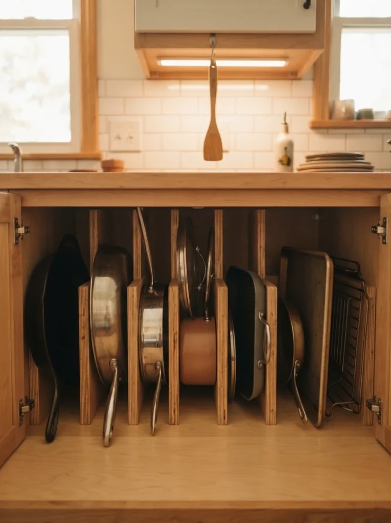 Vertical dividers inside a deep cabinet holding pans upright and separated, warm kitchen lighting, vertical Pinterest photography, warm upright styling.