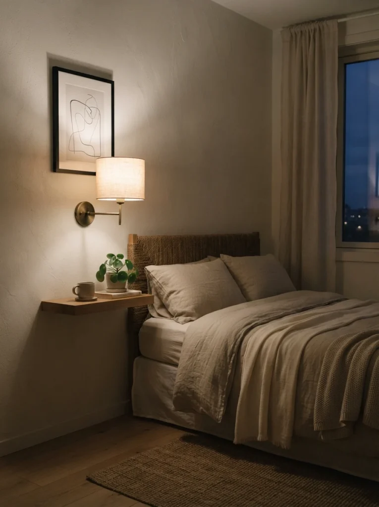 A wall-mounted fixture with a soft sheer linen shade glowing warmly in a small bedroom with no floor or table lamp anywhere, minimalist styling, cozy neutral bedding, evening ambiance, vertical Pinterest photography, warm diffused tones.