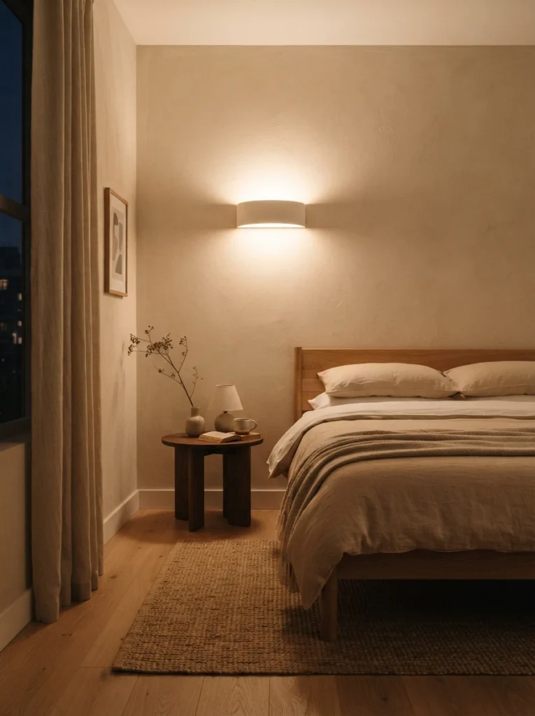 A bedroom wall evenly washed in soft warm light from a wide-beam sconce, smooth even glow with no harsh shadows, minimalist bed nearby, evening ambiance, vertical Pinterest interior photography, warm soft tones.