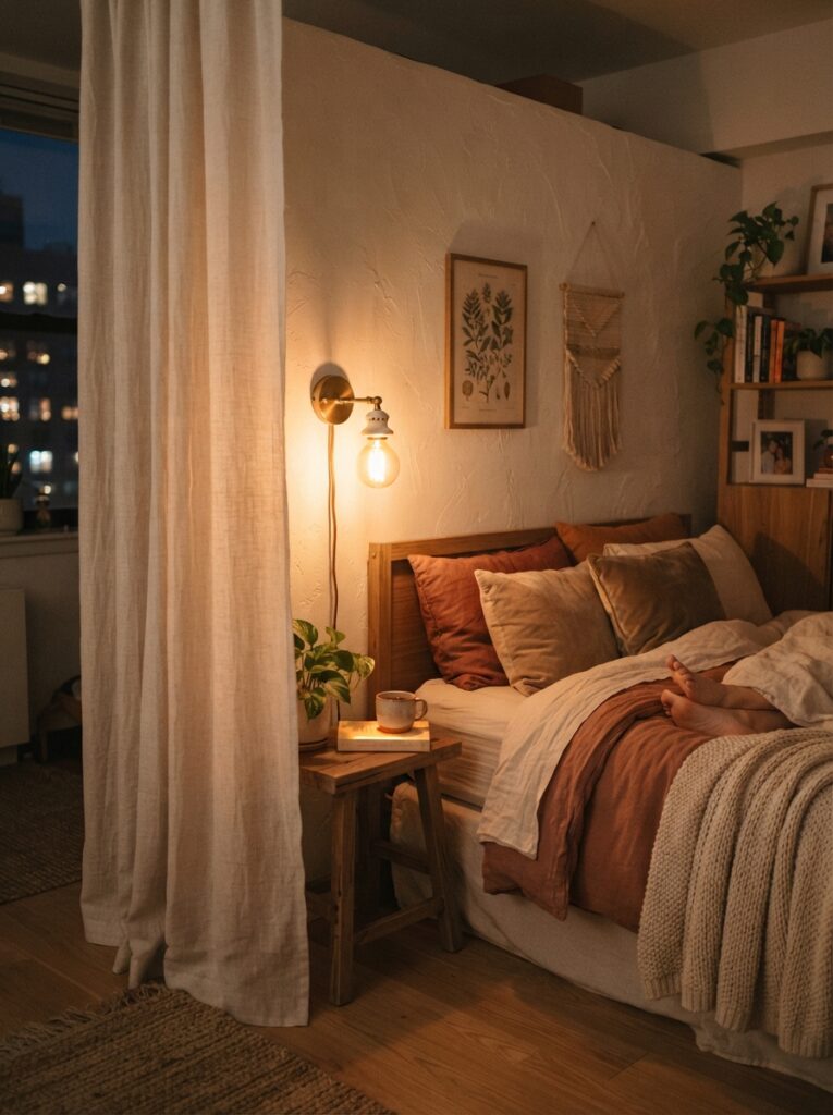 A warm wall sconce mounted beside a studio apartment bed, soft sheer curtain partially enclosing the sleep area for privacy, cozy evening ambiance, vertical Pinterest photography, warm enclosed tones.