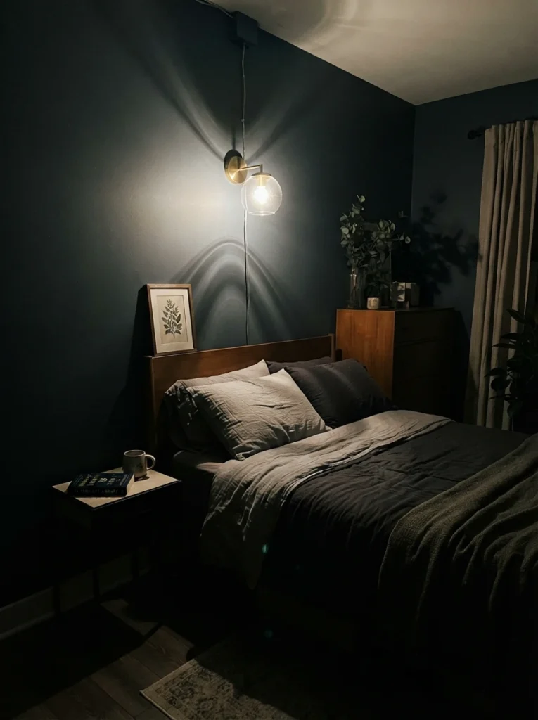  A small bedroom with a lit lamp on one side of the bed and a dark, empty nightstand on the other, showing the lighting imbalance, evening ambiance, vertical Pinterest photography, contrasting lit and unlit sides.