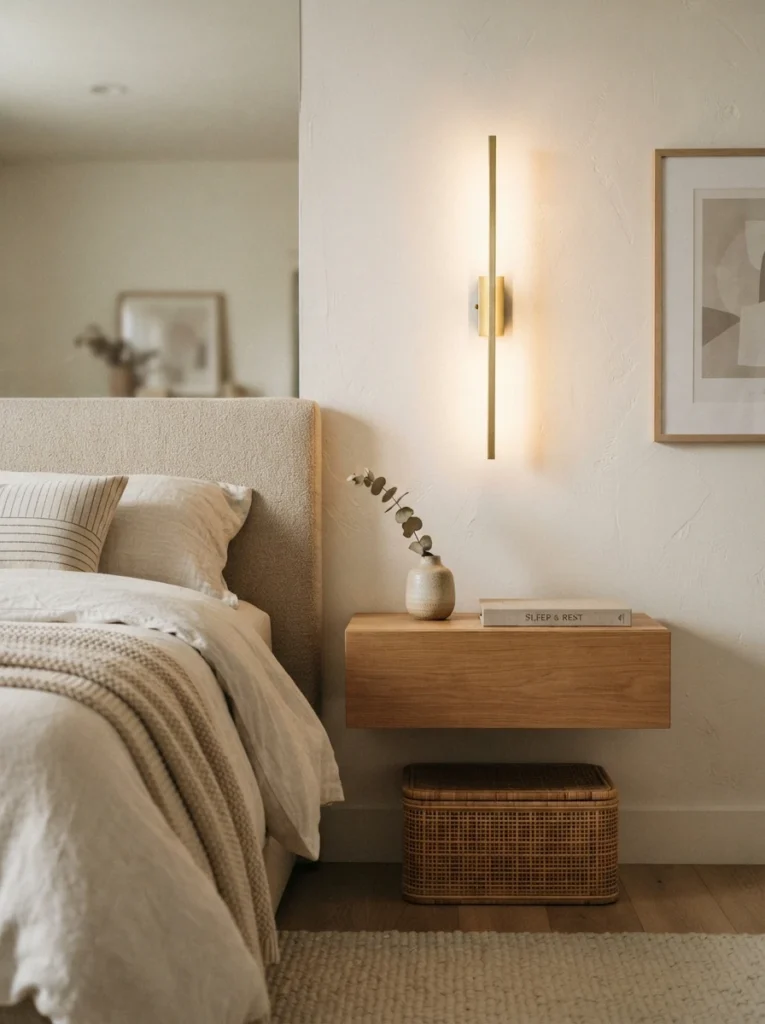 A slim wall-hugger sconce mounted flush against a bedroom wall, soft ambient glow spreading evenly, minimalist nightstand with clear surface below, cozy evening atmosphere, vertical Pinterest photography, warm modern styling.