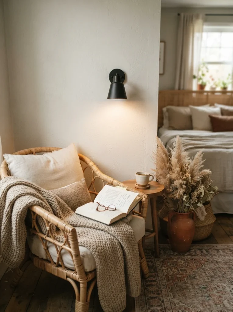 A small rechargeable wall sconce mounted above a cozy reading nook in a small bedroom, soft warm light illuminating an open book on a side table, wicker chair with a knit throw, no visible cords, dried pampas grass in a vase nearby, warm afternoon light, muted neutral color palette, vertical Pinterest photo, soft focus background.