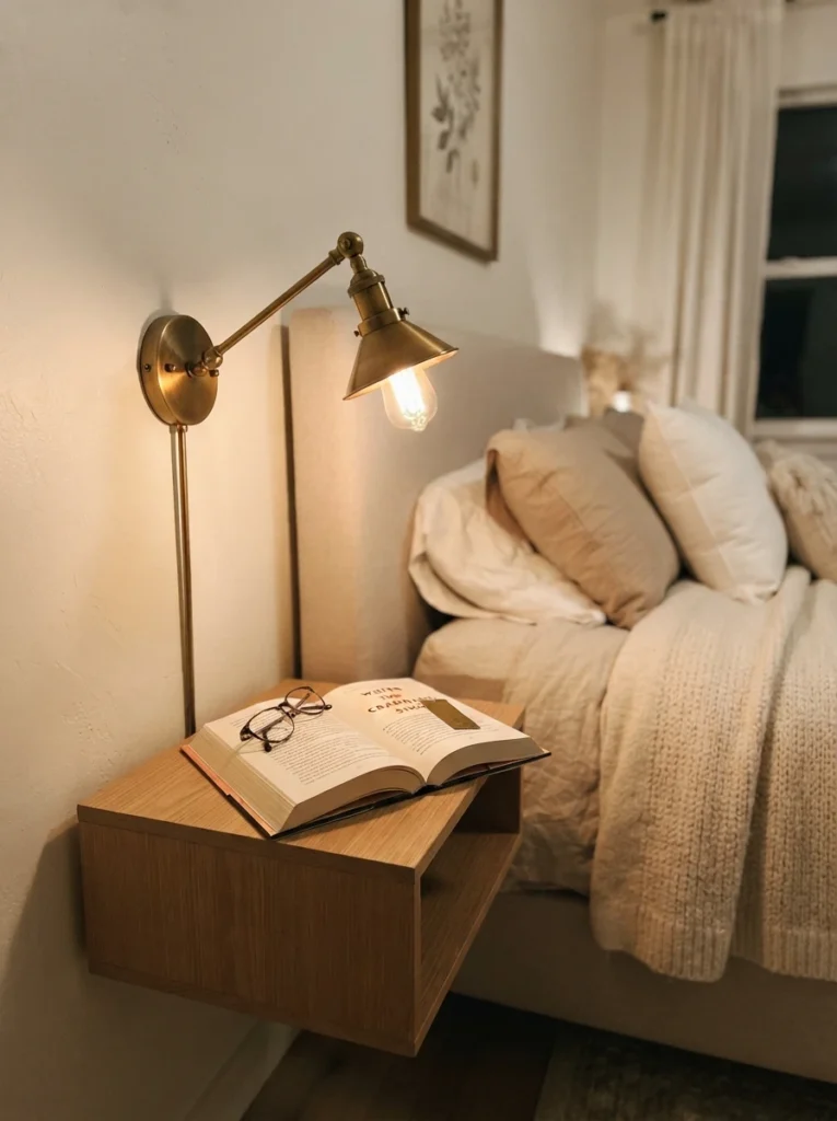 A brass swing-arm wall sconce mounted beside a bed, warm focused light on an open book, nightstand surface completely clear below, cozy neutral bedding, evening ambiance, vertical Pinterest photography, warm functional styling.