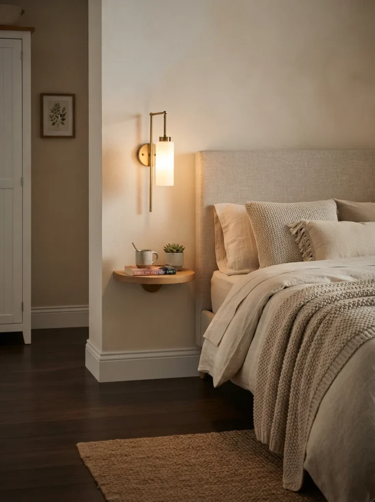 A slim wall sconce mounted beside a bed with no floor lamp taking up space, clear open floor visible, warm glow, cozy neutral bedding, evening ambiance, vertical Pinterest photography, warm space-reclaiming styling.