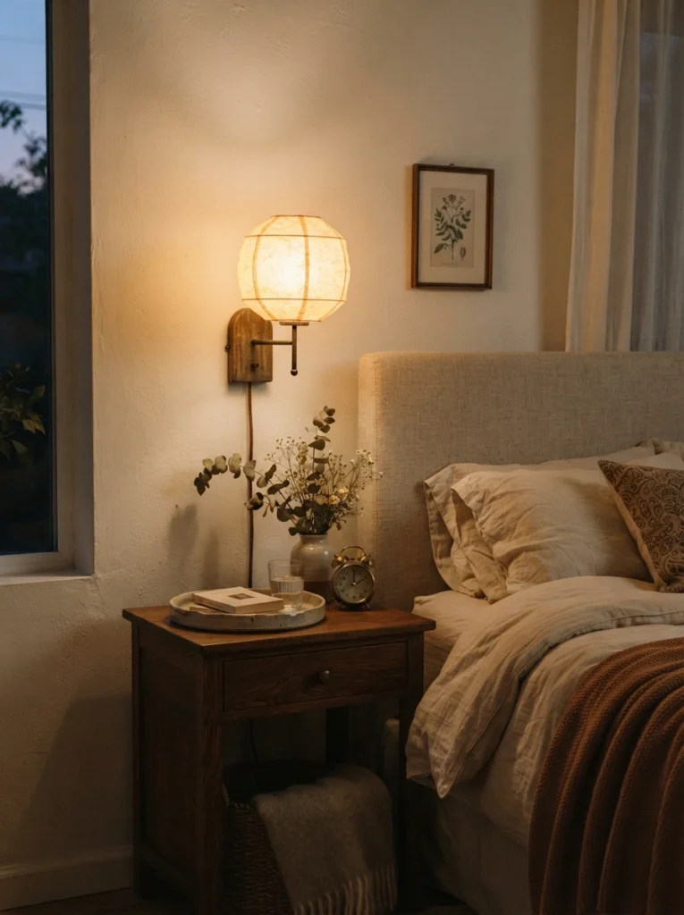 An armed wall sconce with a warm paper-lantern shade mounted beside a bed, soft golden glow, nightstand below styled with a small tray and vase, evening ambiance, vertical Pinterest photography, warm inviting tones.
