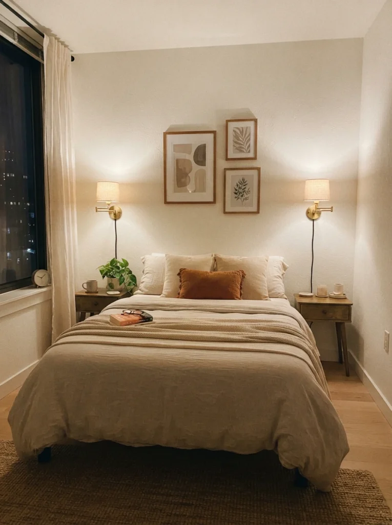 A pair of plug-in wall sconces mounted beside a small apartment bed, warm symmetrical glow, cord discreetly hidden, cozy neutral bedding, evening ambiance, vertical Pinterest photography, warm renter-friendly styling.