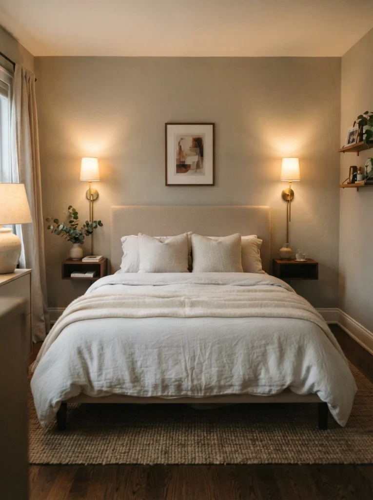A small bedroom with a pair of perfectly matched wall sconces flanking the headboard, deliberate visual symmetry, cozy neutral bedding, evening ambiance, vertical Pinterest photography, warm balanced tones.