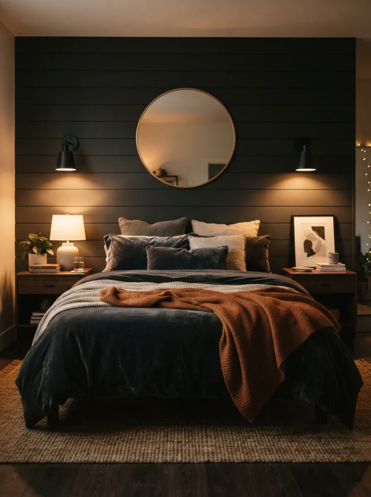 A pair of matte black wall sconces mounted on either side of a bed, warm downward light creating dramatic pools against dark charcoal walls, cozy velvet bedding, evening ambiance, vertical Pinterest interior photography, warm moody tones.